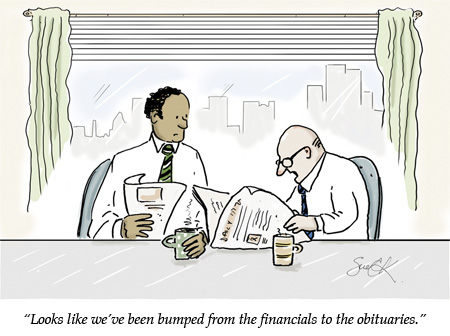 business cartoon two businessmen at a table reading the financial newspaper