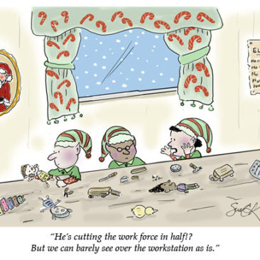 three elves working in santa's workshop talking